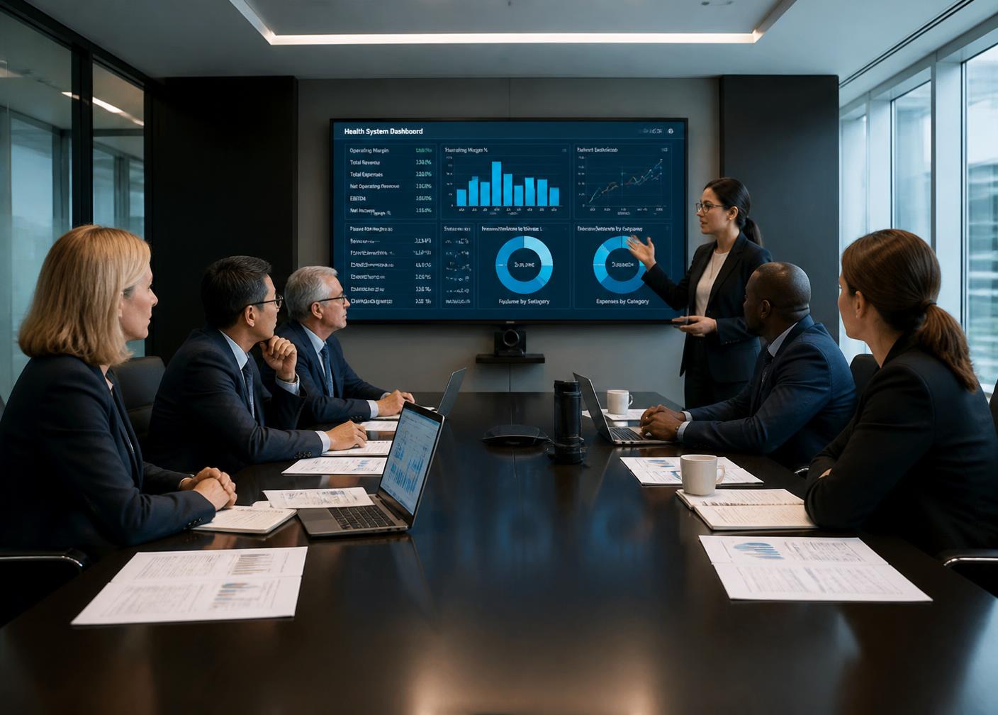 Hospital executives reviewing a healthcare performance dashboard in a boardroom