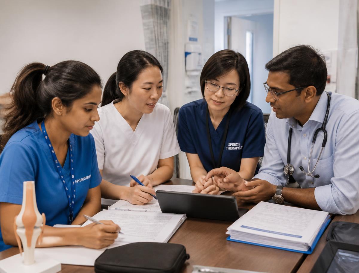 Multidisciplinary rehabilitation team reviewing a patient case together