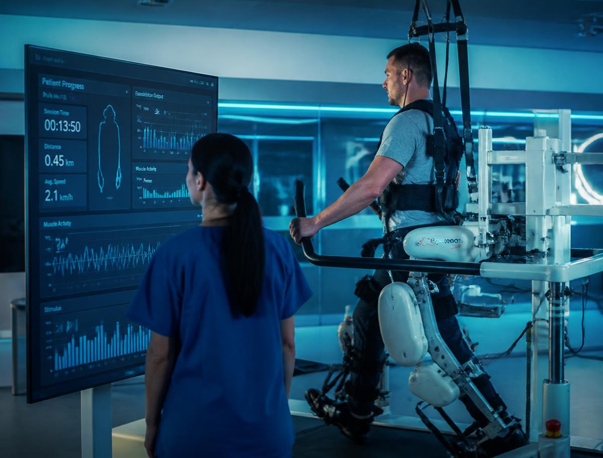 Patient training in a robotic gait exoskeleton while a therapist monitors performance data