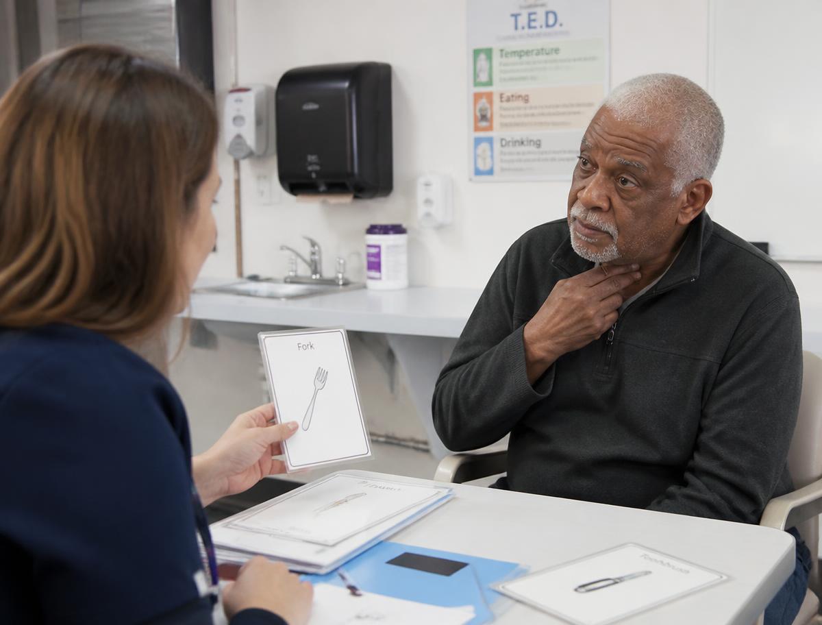 Speech and swallow therapist working with an elderly stroke patient